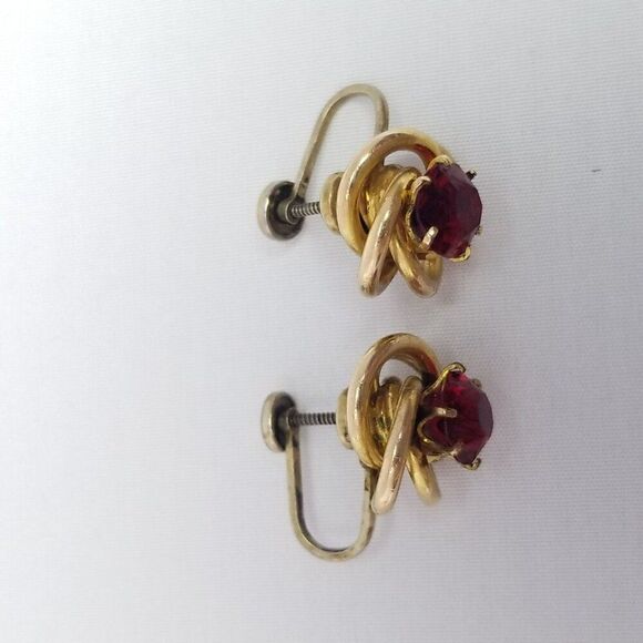 Vintage Sterling Silver Red Rhinestone Knot Design Clip On Earrings, Signed B+N - Picture 3 of 8